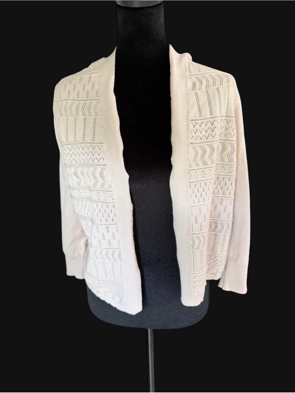 Love Scarlett Ivory Open Front Pointelle Knit Cardigan Sweater Size Medium - Picture 2 of 6